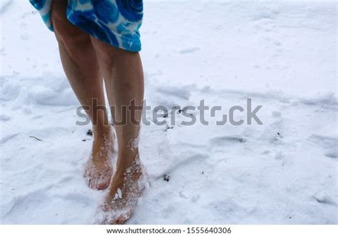 Photo Bare Feet Snow Woman Stands Stock Photo 1555640306 Shutterstock