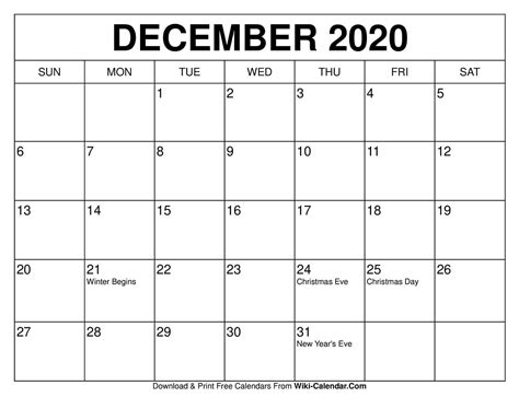 Easy to print, download, and share with others. Free Printable December 2020 Calendar - Wiki-Calendar.Com