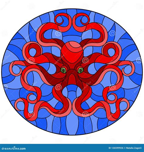 Stained Glass Illustration With Abstract Red Octopus Against A Blue Sea