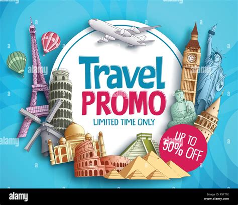 Travel Promo Vector Banner Design With Worlds Famous Tourist Landmarks