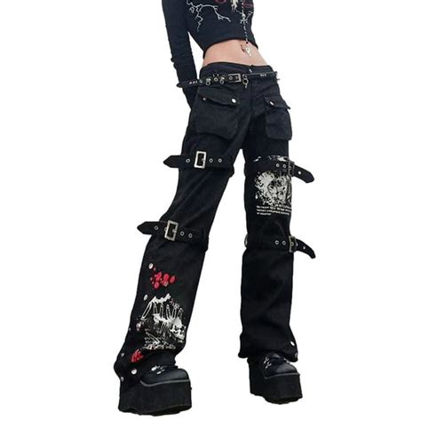 Women Gothic Cargo Jeans Wide Straight Leg Punk Grunge Baggy Pants Aesthetic Trousers Y2k With