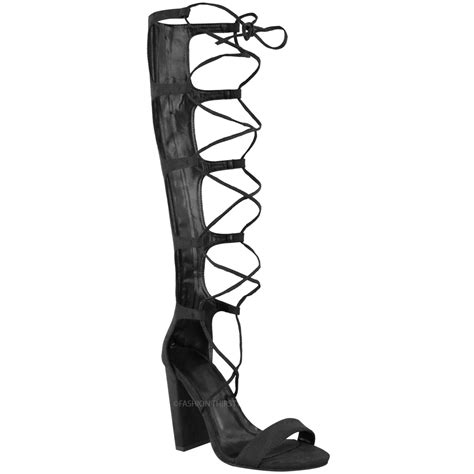 Womens Ladies Knee High Lace Up Strappy Block Heel Gladiator Sandals Shoes Size Ebay