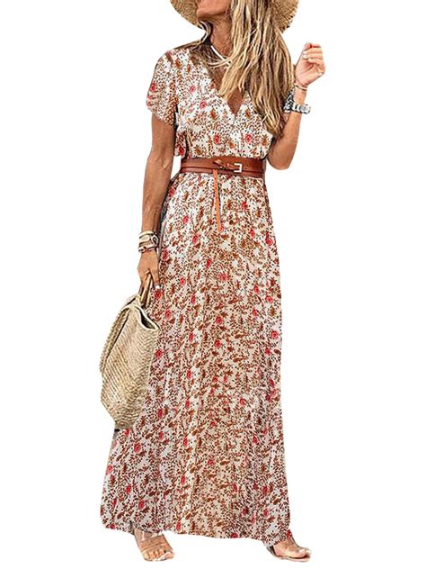 Women Summer Vintage Boho Long Maxi Dress Party Beach Dress Floral Print Sundress With Belt