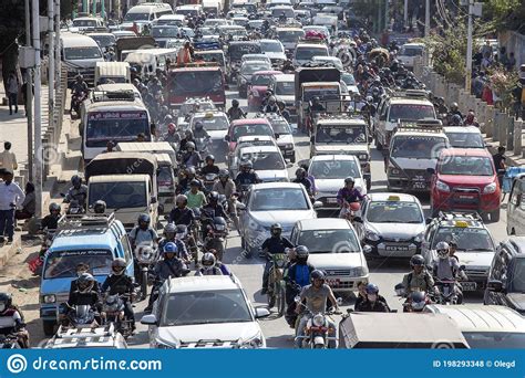 View Of Traffic Jam On Central Street In Kathmandu Nepal Crowded