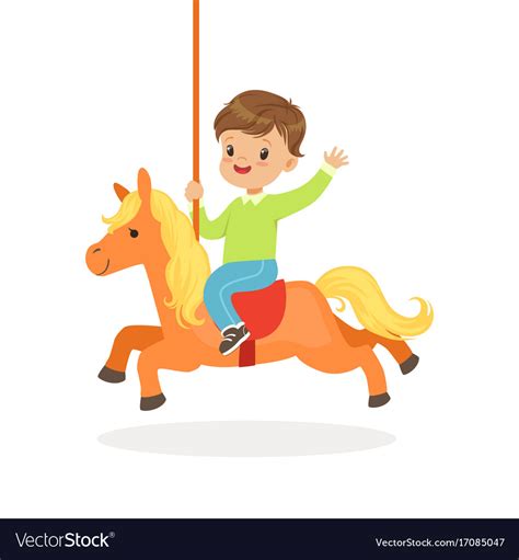 Cute Little Boy Riding On The Carousel Horse Kid Vector Image
