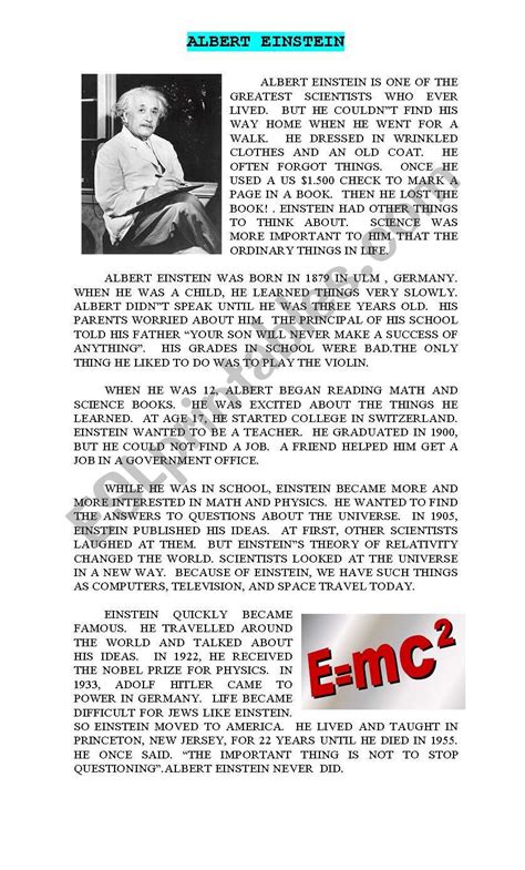 Albert Einstein Esl Worksheet By Maylena