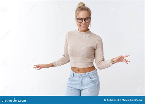 Sassy Good Looking Confident Happy Caucasian Blond Woman In Cropped Sweater Glasses Dancing