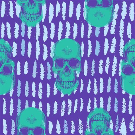 Psychedelic Seamless Pattern With Green Human Skulls Drawn Against
