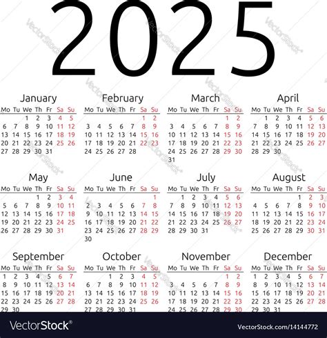 Simple Calendar 2025 Monday Royalty Free Vector Image