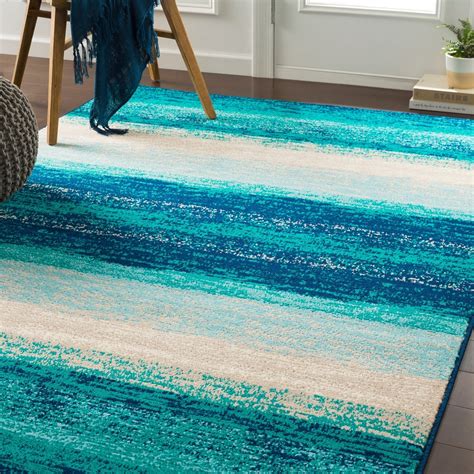 Contemporary Striped Teal Aqua Blue Cream Area Rug Modern Rugs And Decor