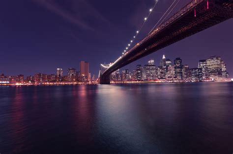 Night Sky Bridge Lights Water City Cityscape Wallpapers Hd