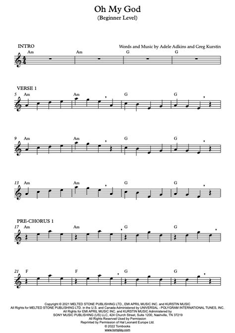Oh My God Beginner Level Adele Flute Sheet Music