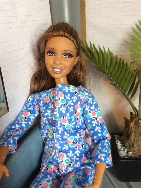 Barbie Doll Size Flannel Pajamas Pjs Outfit Blue Flowered Etsy Flannel Pajamas Barbie