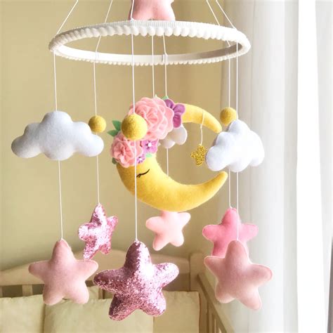 Moon In Flowers Cloud Baby Mobile Girl Mobile Nursery Pink And Yellow Mobile Nursery Decor Girl