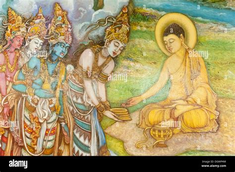 Mural Painting Illustration Of Buddha And Worshippers Buddhist