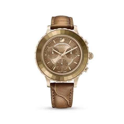 Octea Lux Chrono Watch Swiss Made Leather Strap Brown Gold Tone