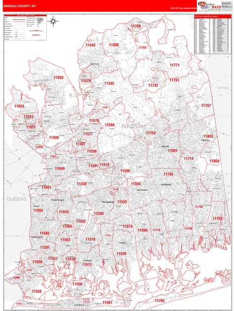 Nassau County Ny Zip Code Wall Map Red Line Style By Marketmaps Mapsales