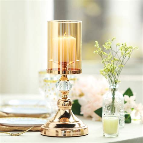 13 Tall Gold Metal Pillar Candle Holder With Hurricane Glass Tube