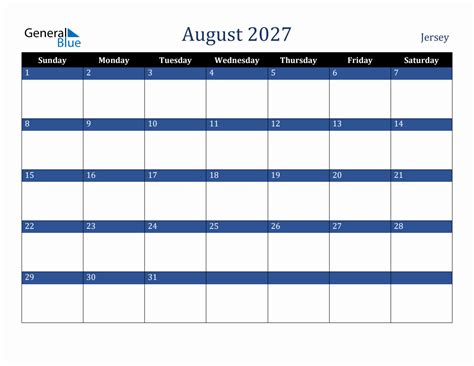 August 2027 Jersey Holiday Calendar