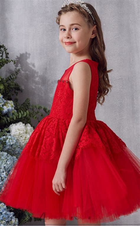 Red Lace Tulle Illusion Sleeveless Mini Ball Gown Childrens Prom Dress