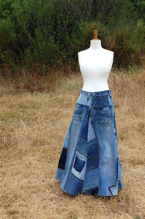 Long A Line Skirt Patchwork Blue Denim Skirt In Patchwork Of Recycled