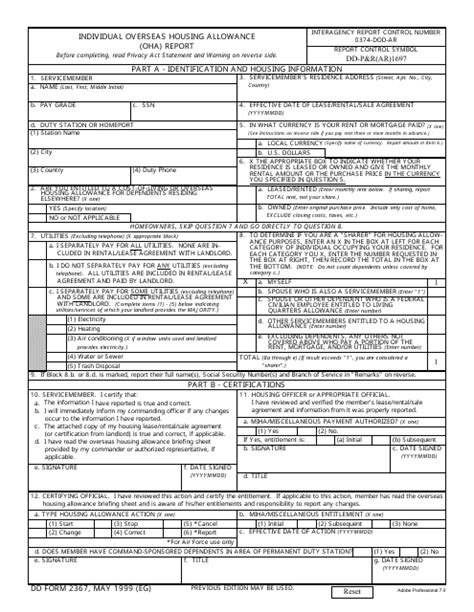 Dd Form 2367 Download Fillable Pdf Individual Overseas Housing