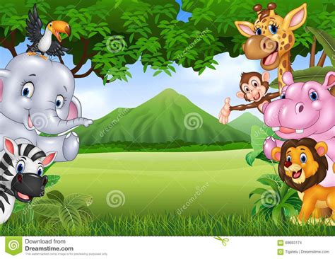 Cartoon Wild Animals With Nature Landscape Background Stock Vector