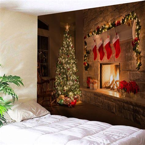 Wall Decor Christmas Fireplace Tree Pattern Tapestry 24 Off Rosegal