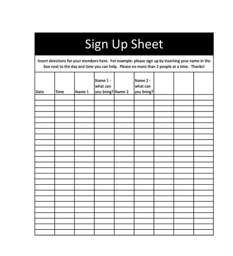 Printable Sign Up Sheet Template Customize And Print