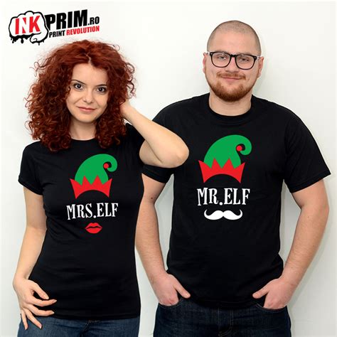 Tricouri Pentru Cupluri Imprimate Cu Modele De Craciun Mr Si Mrs Elf Womens Top Fashion Women