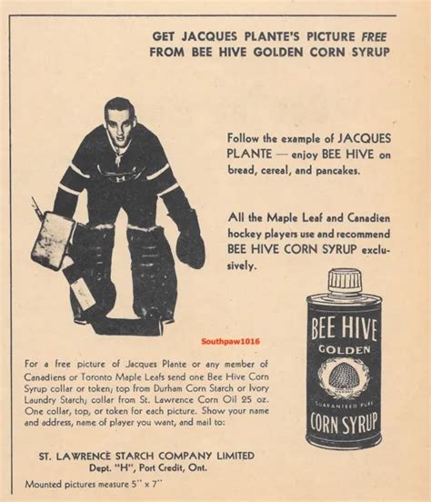 1962 Jacques Plante Montreal Canadiens Bee Hive Corn Syrup Original