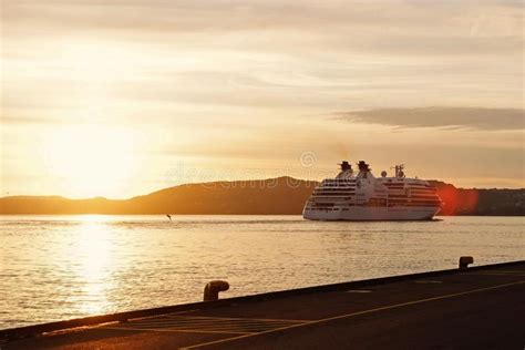 Passenger Ship In Sunset Sea In Bergen Norway Stock Image Image Of