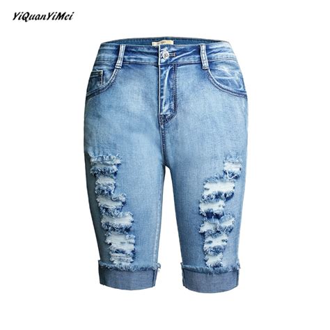 Knee Length Shorts Ripped Jeans For Women Hole Skinny Jeans Woman Ripped Denim Pants Jean High