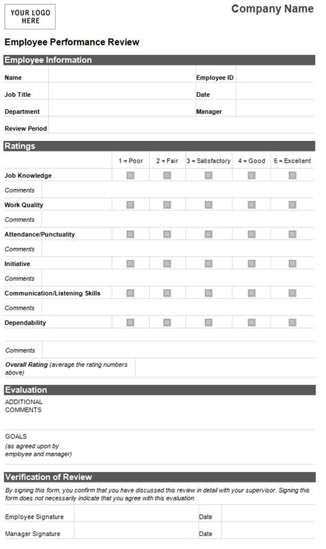 Employee Performance Evaluation Form Template Sample