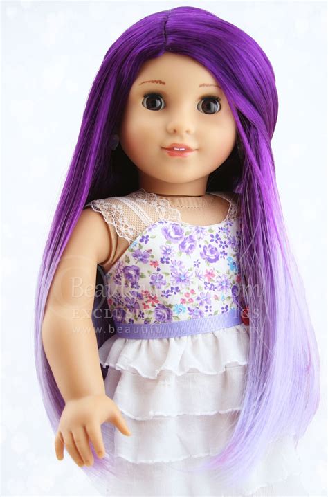 A Doll With Long Purple Hair Wearing A White Dress And Blue Eyes Is