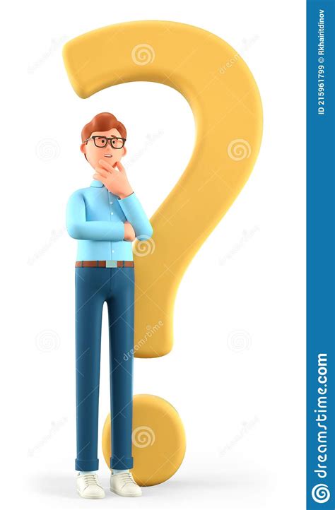 3d Illustration Of Thinking Man Standing With A Huge Question Mark Cartoon Pensive Businessman