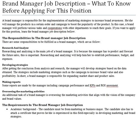 It is important to have a clear job description sample when looking for qualified candidates. Brand Manager Job Description - What To Know Before ...