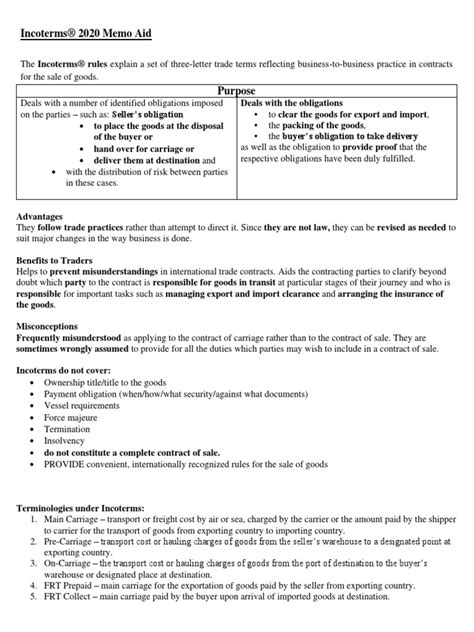 Incoterms Memo Aid 002 Pdf Trade Supply Chain Management