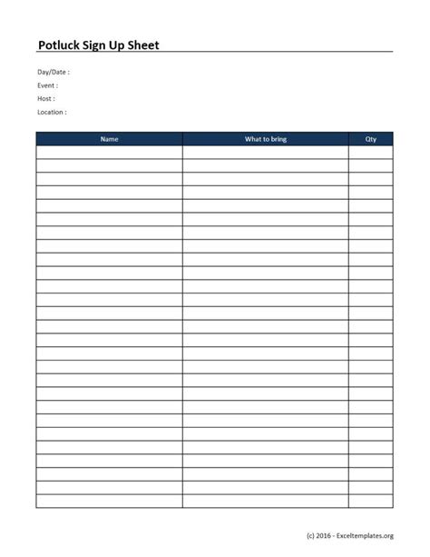 Potluck Sign Up Sheet Template