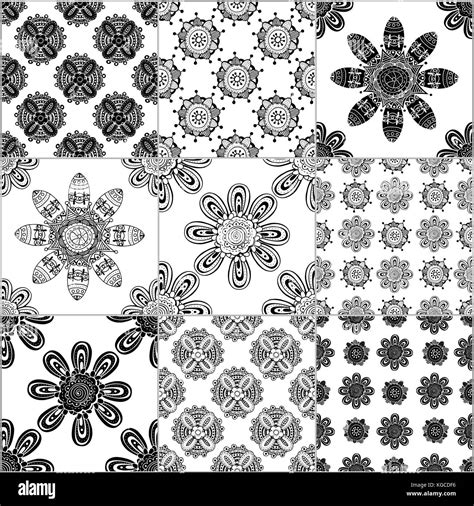 Black And White Geometric Tiles Seamless Patterns Set Vector Stock
