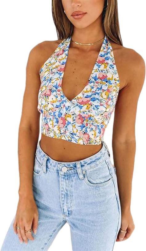 Damen Neckholder Wrap Crop Tank Tops Blumendruck Ärmellos Sexy Tiefer V Ausschnitt Krawatte