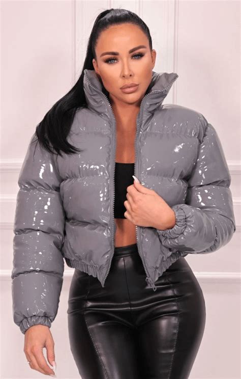 Grey Vinyl High Shine Padded Puffer Jacket Aimee In 2021 Puffer