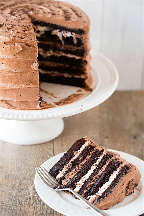 Six Layer Chocolate Cake With Toasted Marshmallow Filling And Malted Chocolate Frosting Brown