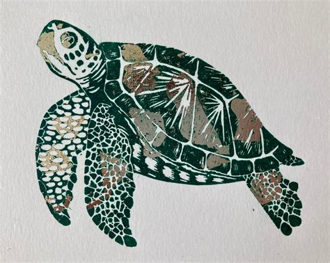 Sea Turtle Original Linocut Print Silver Leaf Embellished Etsy