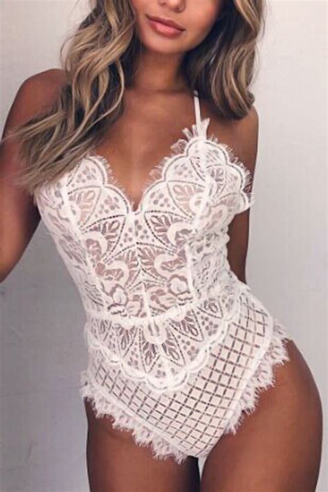 Sexy See Through White Lace One Piece Jumpsuits Teddies Sexy Lingerie Accessories