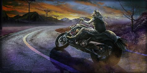 Fotos Wölfe Fantasy Motorräder Wege Motorradfahrer 3000x1500