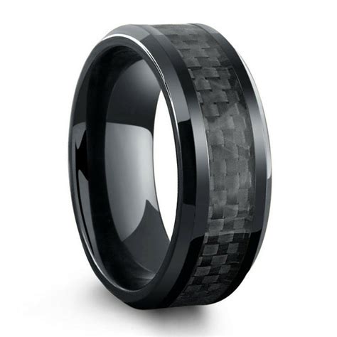 All Black Titanium Ring Mens Wedding Band With Carbon Fiber Inlay