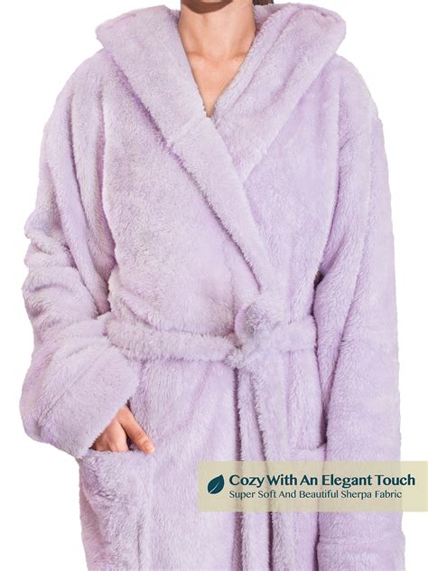 Womens Ladies Fluffy Robe Soft Fleece Luxe Plush Warm Sherpa Hooded Spa