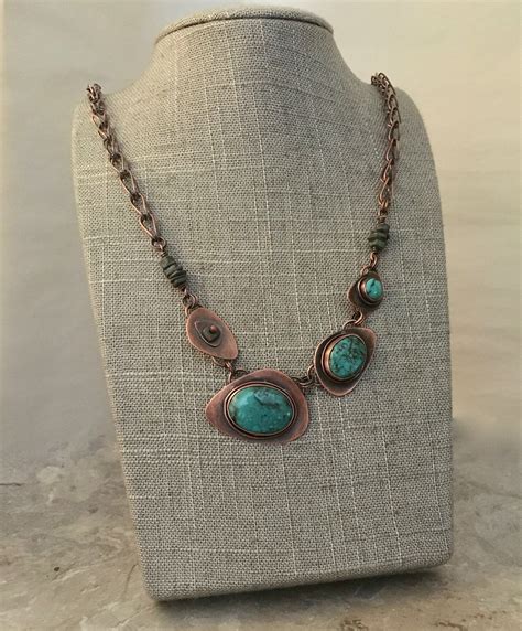 Rustic Turquoise Copper Necklace Asymmetrical Turquoise Etsy Copper