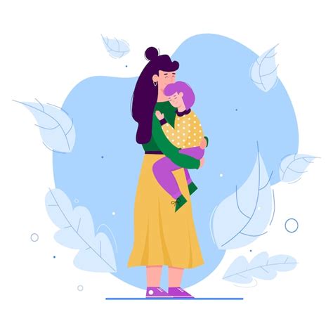 Madre E Hija Abrazo Mujer De Dibujos Animados Abrazando Y Sosteniendo